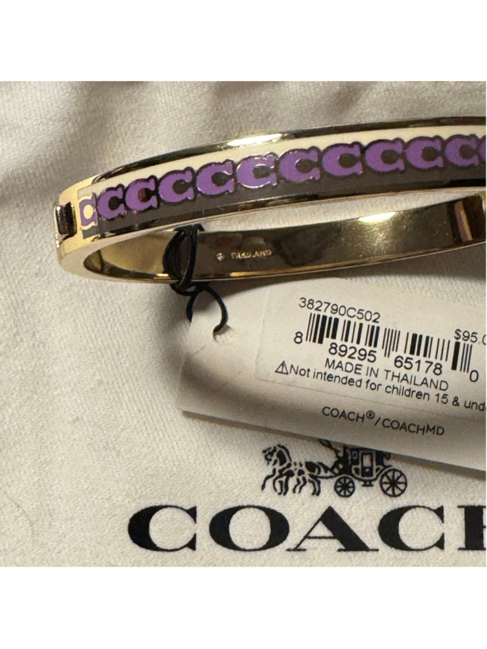 Coach repeating, C logo, gold, and purple hinged enamel bracelet